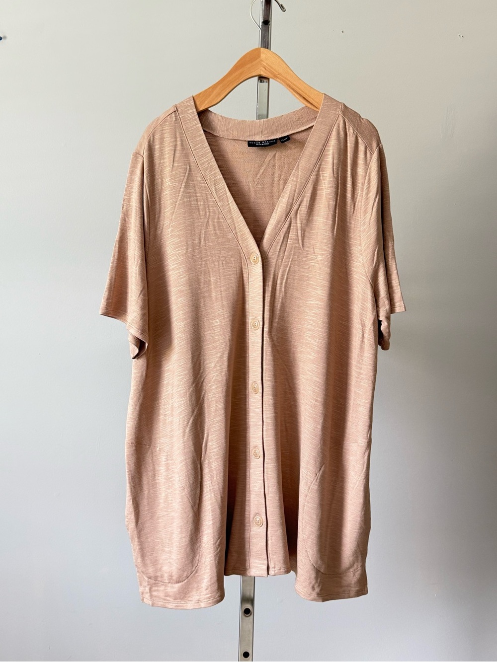 Susan Graver Weekend Textured Knit Cardigan XL Desert Gold Button Pocket 30"L